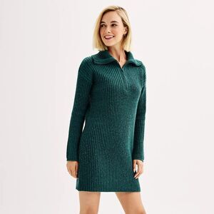 Juniors' SO Mockneck Quarter Zip Sweater Dress Green XL  Long Sleeve Mini NWT